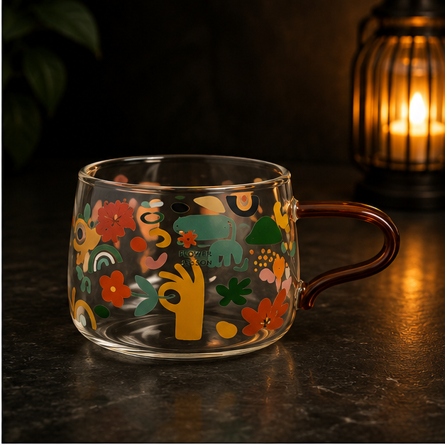 Printed Glass Coffee Mug with Floral Design (YM159)