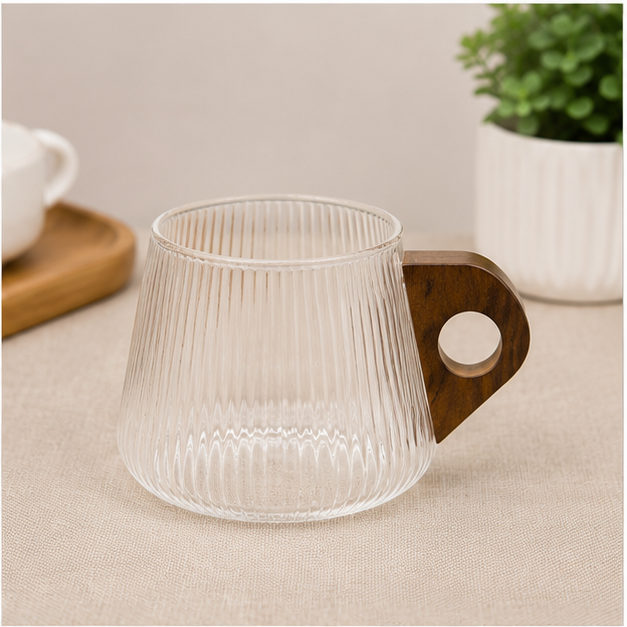 Ribbed Glass Coffee Cup with Wooden Handle (YM2452)