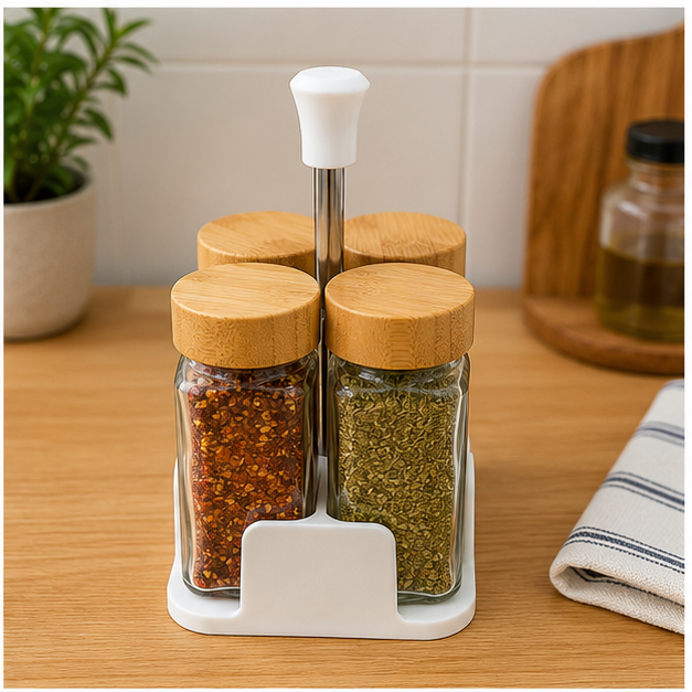 4 Jar Glass Spice Storage Set with Wooden Lids (YM073)
