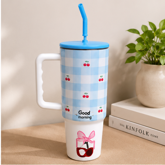 White & Blue Insulated Tumbler with Handle and Straw (YM2621)