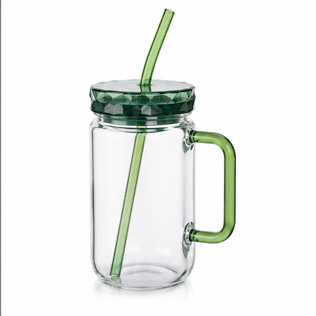 Green Glass Sipper Mug with Straw & Lid (YM1538)