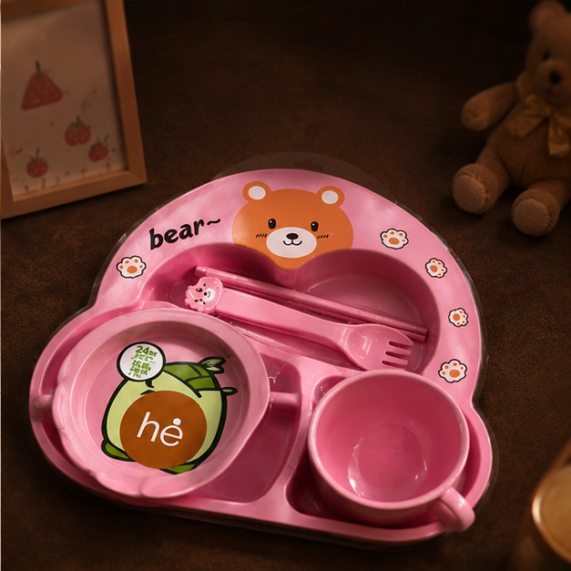Kids Pink Cutlery Dining Set with Bear Design - Set of 5 (YM2123)