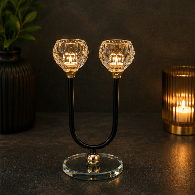 Modern Double Candle Holder with Crystal Tops & Black Metal Stand (YM2270)