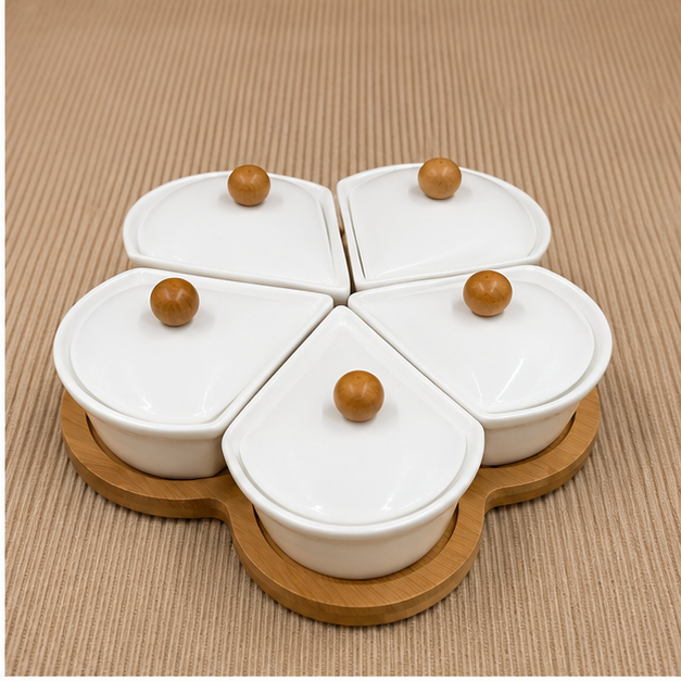 White Ceramic Serving Bowl Set with Wooden Tray (YM391)