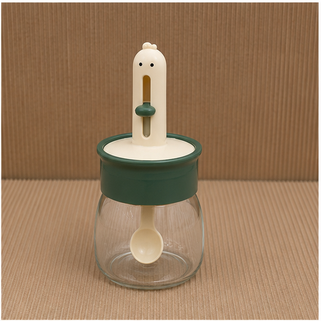 Glass Seasoning Jar with Spoon and Green Lid (YM2757)