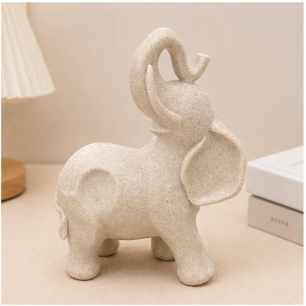 Beige Elephant Figurine with Raised Trunk (YM2293)