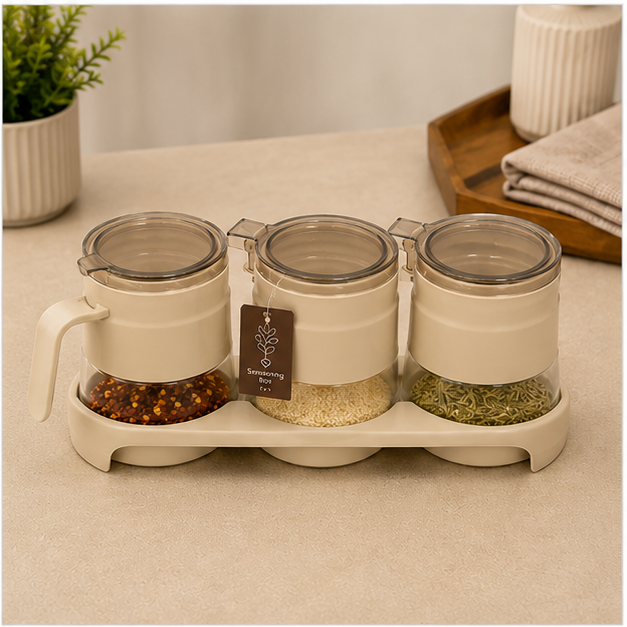 Seasoning Jar Set with Plate Beige (YM334)