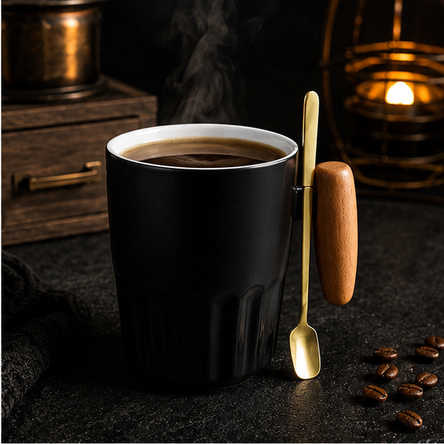 Ceramic Coffee Mug Black with Spoon (YM1757)
