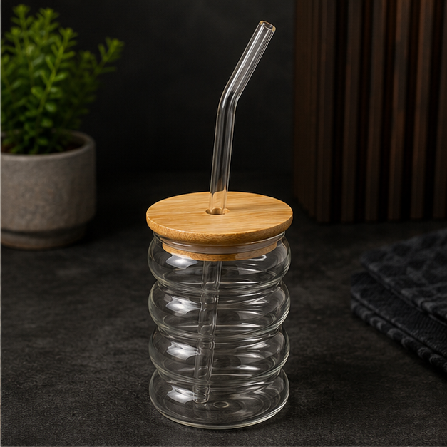 Transparent Glass Sipper Cup with Straw & Wooden Lid (YM1566)
