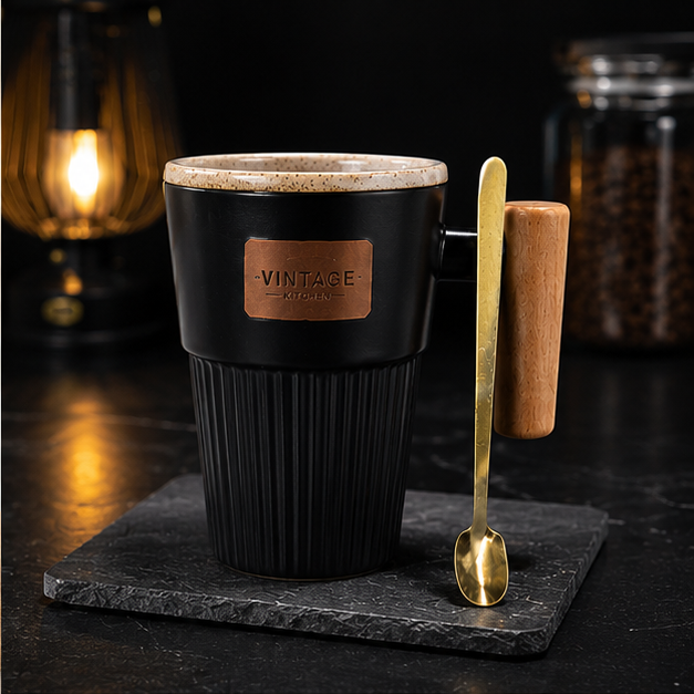 Ceramic Coffee Mug Black with Spoon (YM1759)