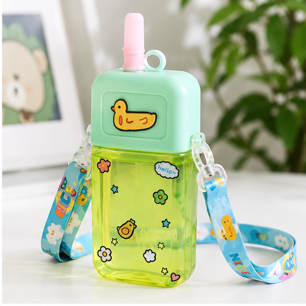 Green Kids Water Bottle with Straw & Carry Strap (YM505)