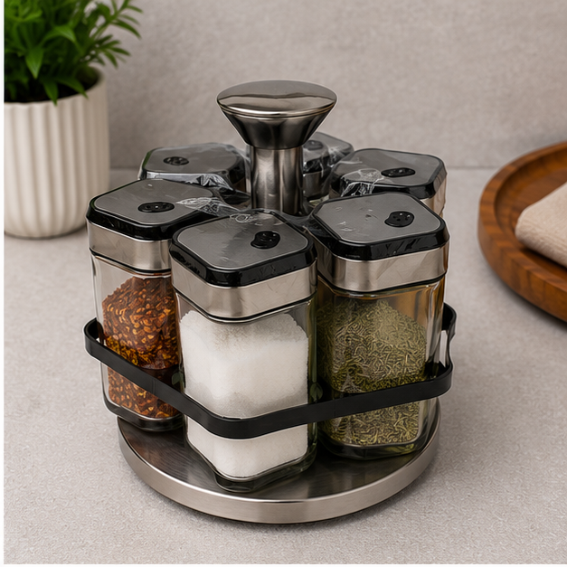 Rotating Glass Seasoning Jar Set with Stand - Set of 6 (YM068)