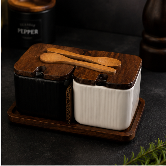 Ceramic Seasoning Jar Set with Wooden Tray & Spoons (YM2378)