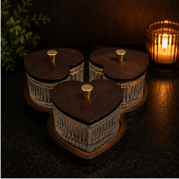Glass Condiment Jar Set with Wooden Tray - Set of 3 (YM2416)