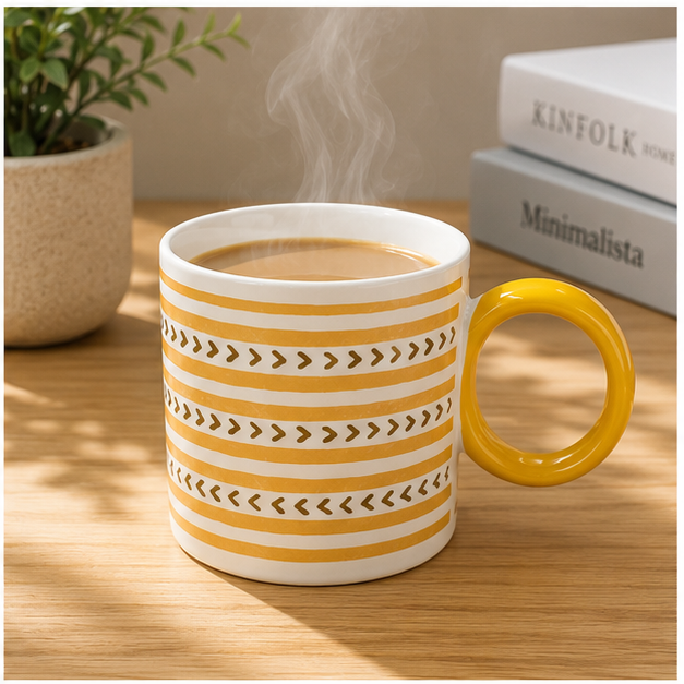 Striped Ceramic Coffee Mug with Yellow Handle (YM2836)