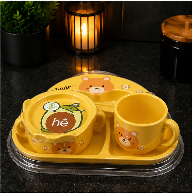 Yellow Kids Plastic Cutlery Dining Set with Plate, Bowl & Cup (YM2123)