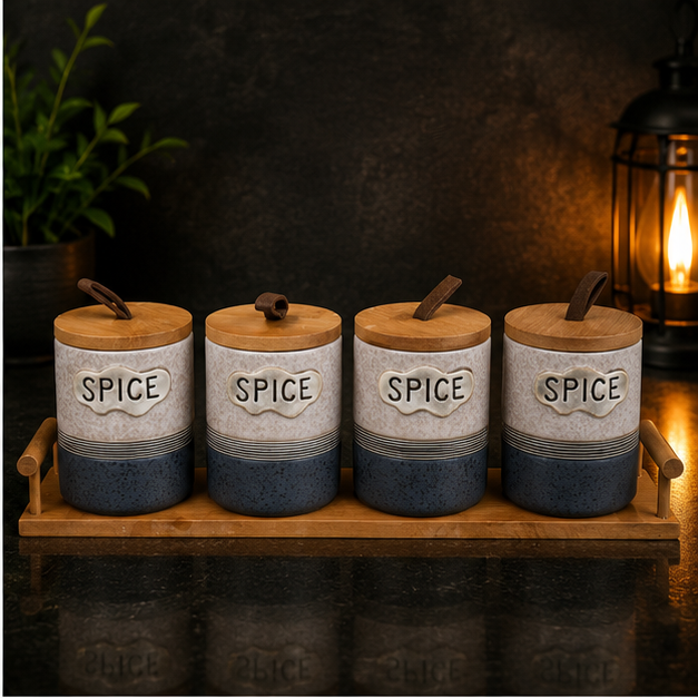 Ceramic Seasoning Jar Set with Wooden Tray - Set of 4 (YM1296)