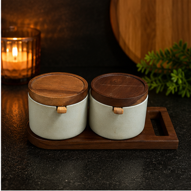 Ceramic Seasoning Pot Set with Wooden Tray - Set of 2 (YM2402)