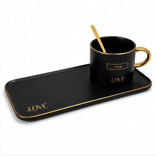 Black Ceramic Mug Plate & Spoon Set of 3 (YM1760)