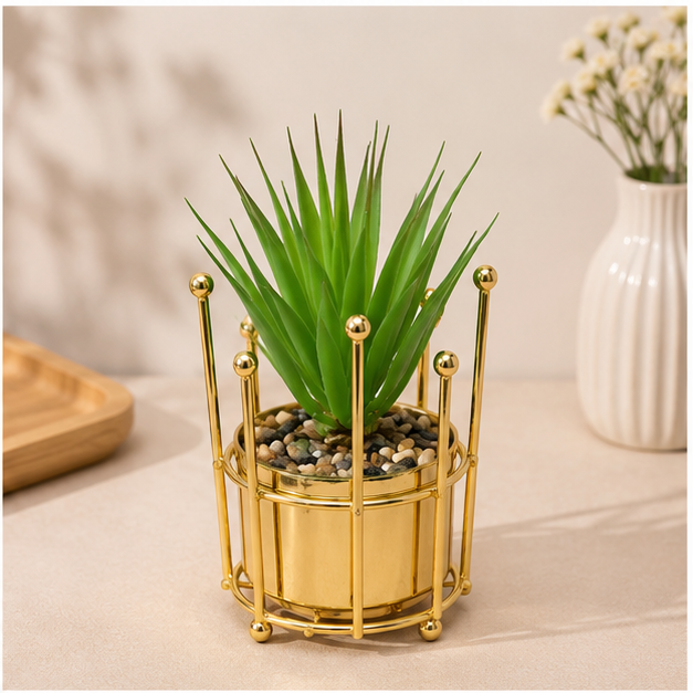 Gold Round Cage Planter with Artificial Succulent (YM2242)