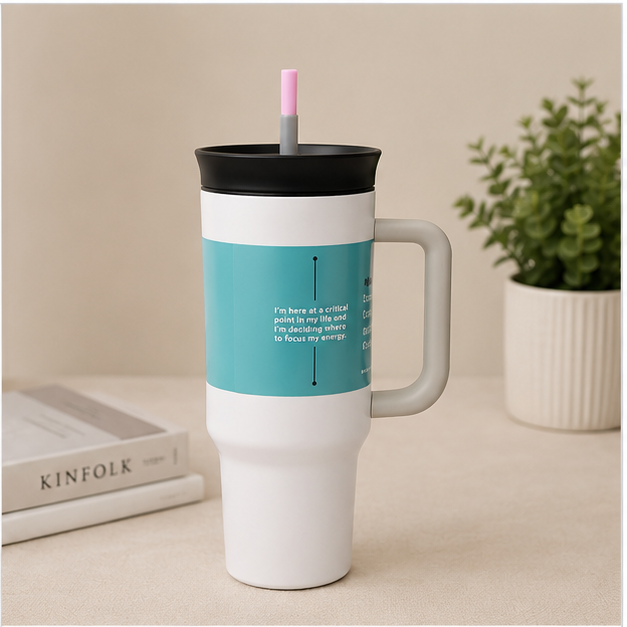 White Insulated Tumbler with Handle and Straw (YM035)