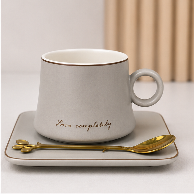 Grey Ceramic Coffee Cup Set with Tray & Gold Spoon (YM1747)