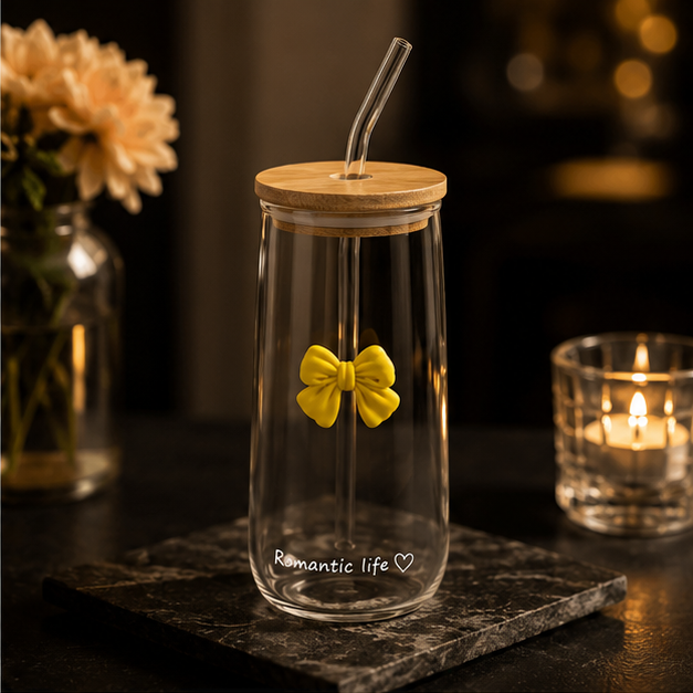 Glass Tumbler with Straw & Yellow Bow Design (YM1543)