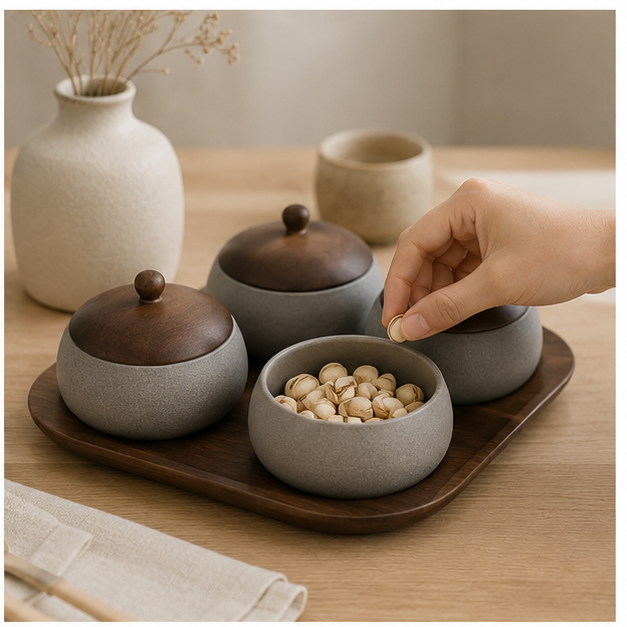 Grey Ceramic Condiment Set of 4 with Serving Tray (YM2384)