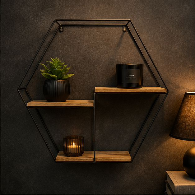 Geometric Black Wall Hanging Stand with Wooden Shelves (YM1028)