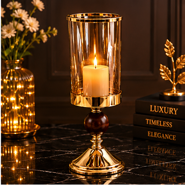 Modern Gold Hurricane Candle Holder with Glass Shade (YM2272)
