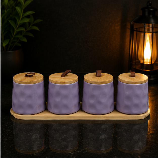 Ceramic Seasoning Purple Jar Set with Wooden Tray (YM1299)