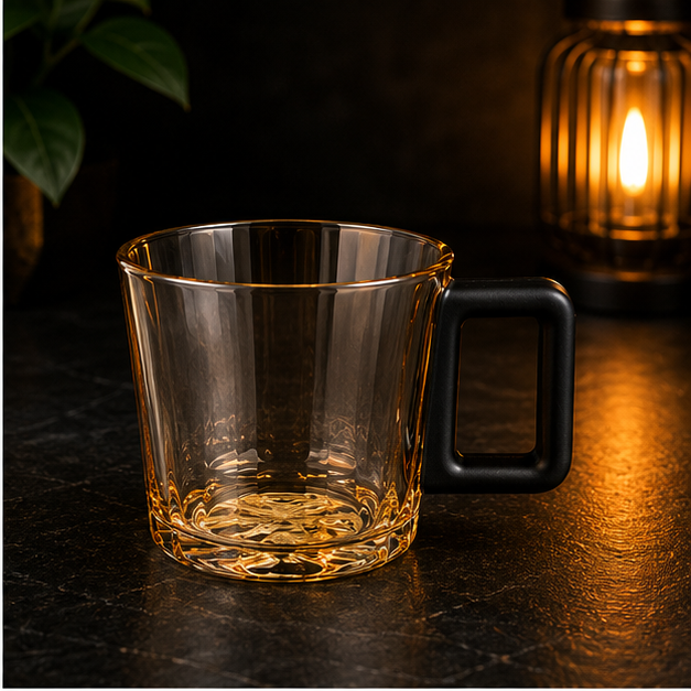 Amber Textured Glass Coffee Mug with Black Handle (YM167)