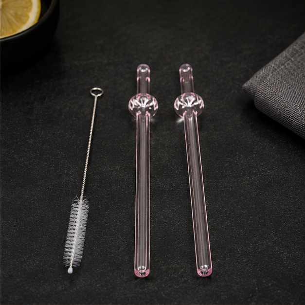 Reusable Pink Glass Straw Set with Cleaning Brush (YM153)
