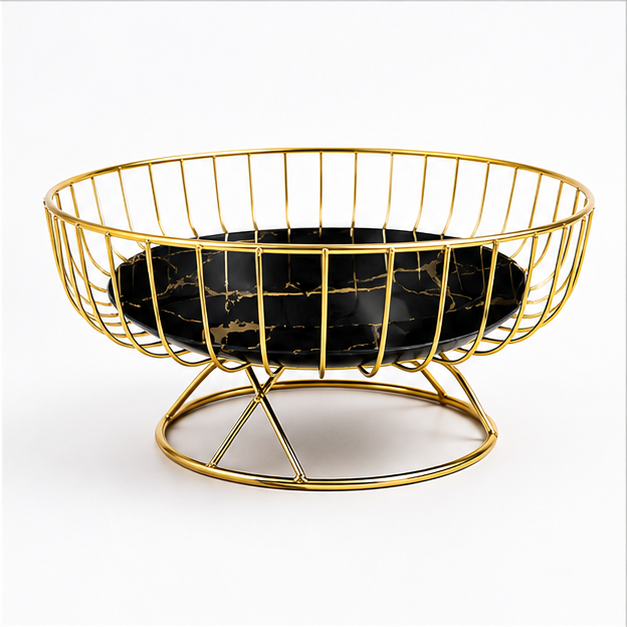 Decorative Gold Serving Fruit Basket with Black Bowl (YM1013)