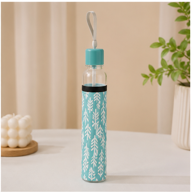 Blue Floral Glass Water Bottle for Daily Hydration (YM1982)