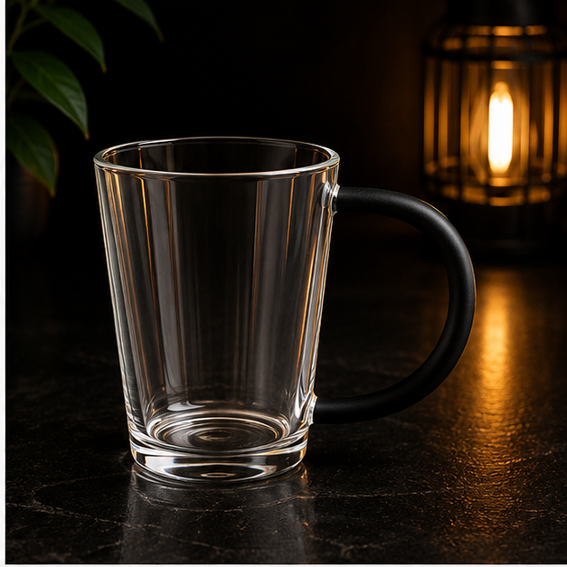 Transparent Glass Coffee Mug with Black Handle (YM168)