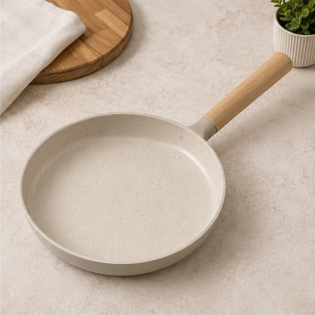 Off White Maifan Stone Frying Pan with Wooden Handle (YM2025)