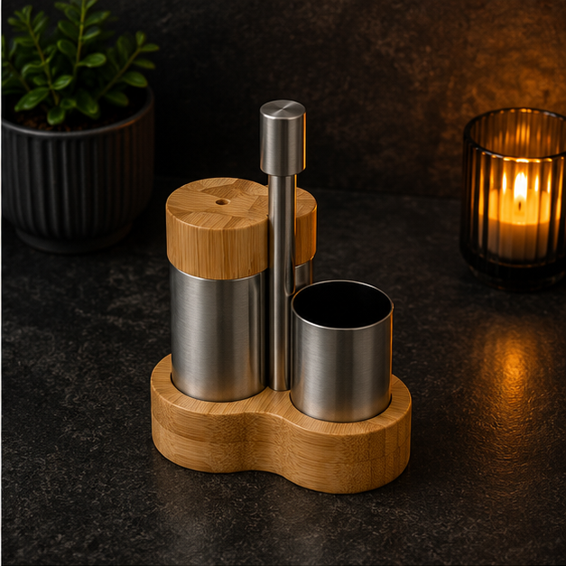 SS Seasoning Set with Wooden Bottom Stainless Steel Set of 3 (YM1669)