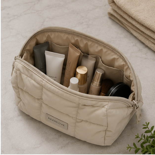 Quilted White Makeup Pouch &amp; Cosmetic Organizer (YMTB01)