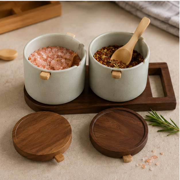 Ceramic Seasoning Pot Set with Wooden Tray - Set of 2 (YM2402)