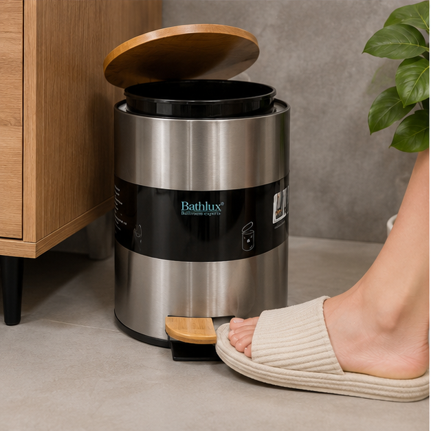 Silver Manual Trash Bin with Wooden Lid for Bathroom, Kitchen & Office (YM2595)