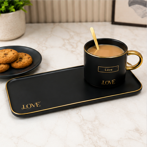 Black Ceramic Mug Plate & Spoon Set of 3 (YM1760)