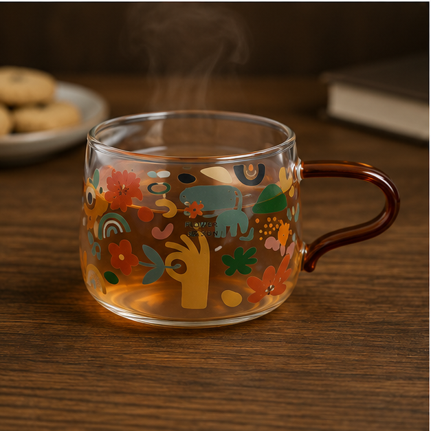 Printed Glass Coffee Mug with Floral Design (YM159)