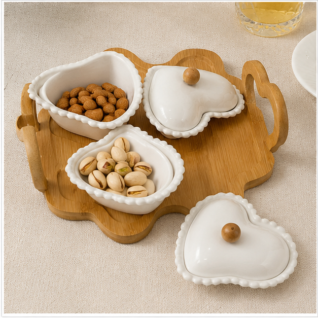 White Ceramic Serving Bowl Set with Wooden Tray (YM476)