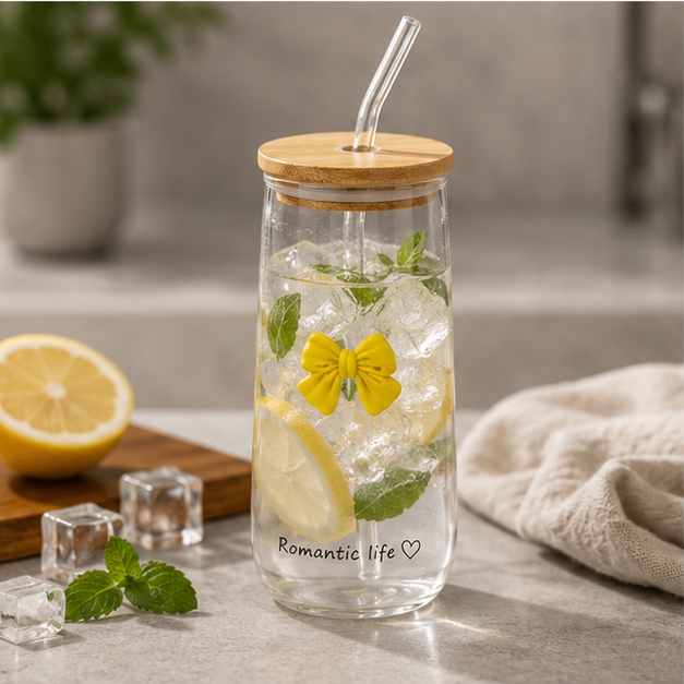 Glass Tumbler with Straw & Yellow Bow Design (YM1543)