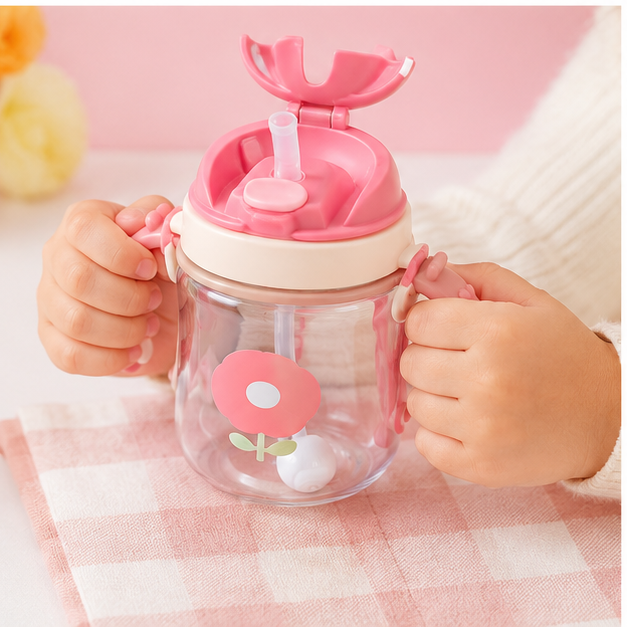 Pink Kids Water Bottle with Straw & Carry Handle (YM495)