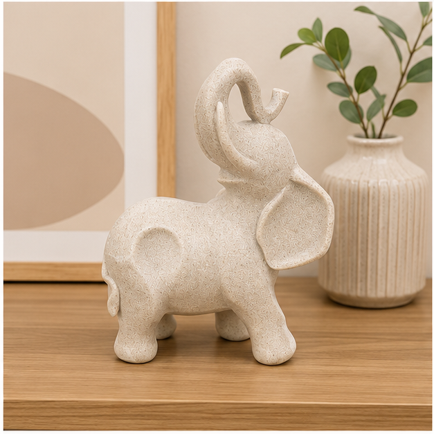 Beige Elephant Figurine with Raised Trunk (YM2293)