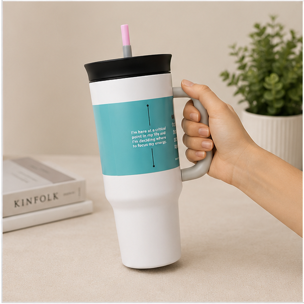 White Insulated Tumbler with Handle and Straw (YM035)