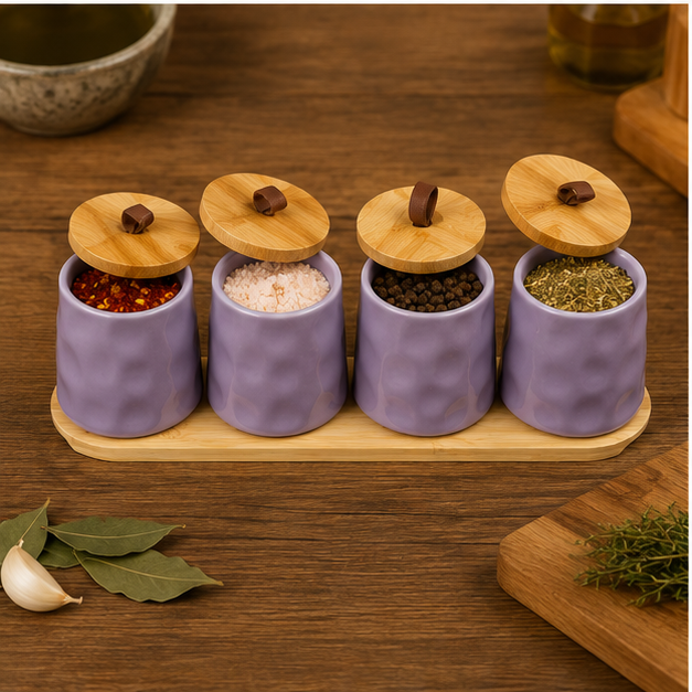 Ceramic Seasoning Purple Jar Set with Wooden Tray (YM1299)