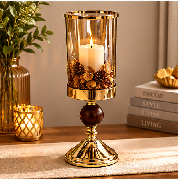 Modern Gold Hurricane Candle Holder with Glass Shade (YM2272)